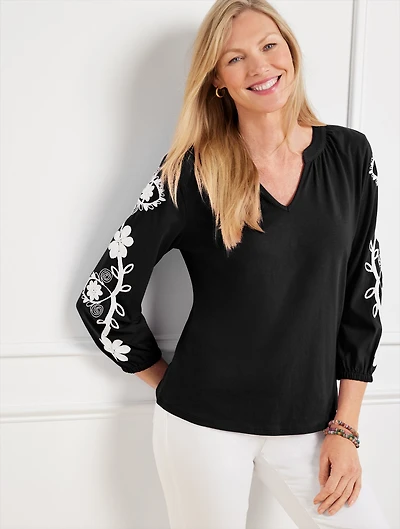 Embroidered Split Neck Tee