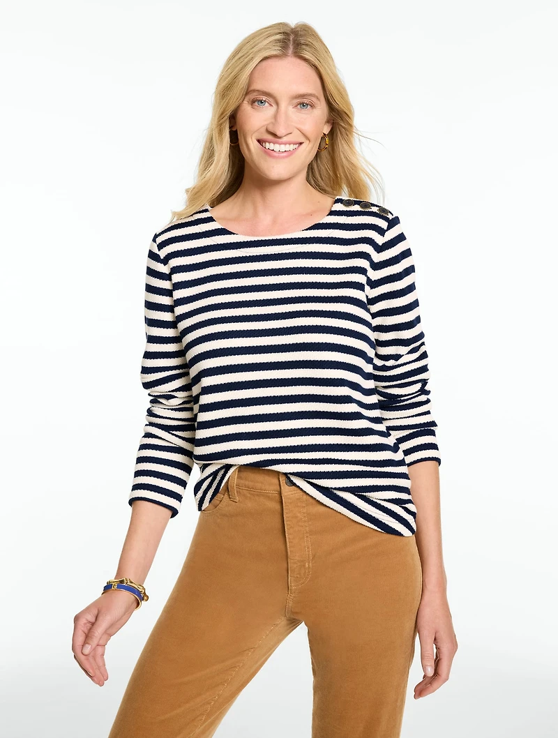 Button Shoulder Crewneck Pullover - Stripe