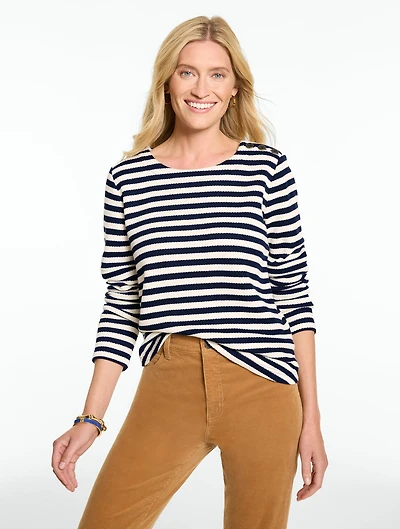 Button Shoulder Crewneck Pullover - Stripe