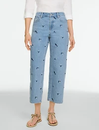 Wide Crop High Waist Embroidered Jeans - Floral Ditsy