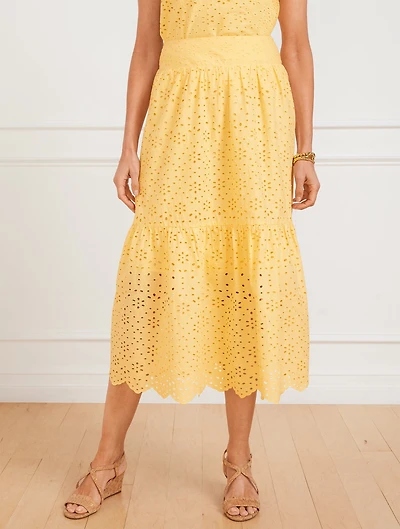 Floral Diamond Eyelet Flounce Midi Skirt