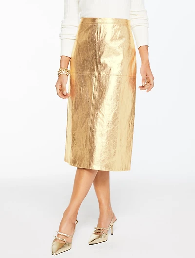 Crinkle Metallic Faux Leather Midi Skirt