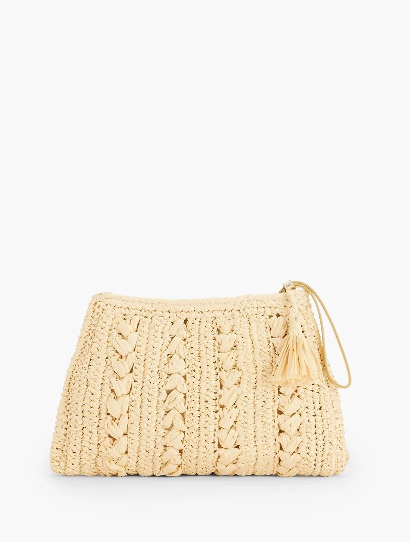 Leather Trim Straw Wristlet - Metallic