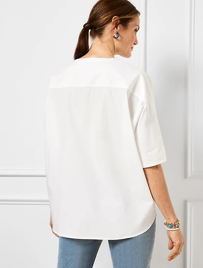 Band Collar Button Front Poplin Shirt