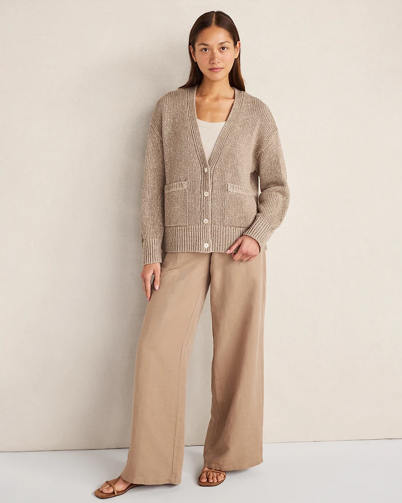 Organic Cotton Linen Plaited V-Neck Cardigan