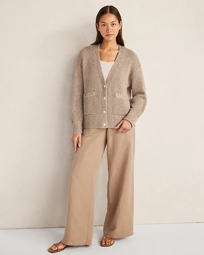 Organic Cotton Linen Plaited V-Neck Cardigan