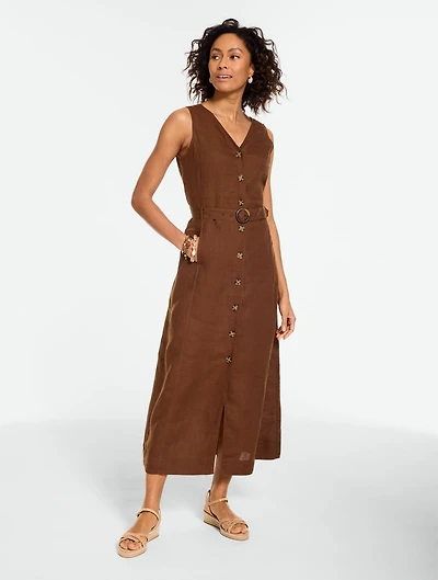 Linen Belted Midi Shift Dress