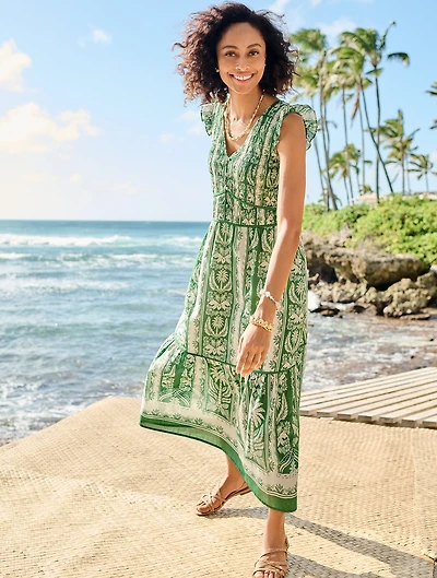 Voile Smocked Midi Dress - Tropical Damask