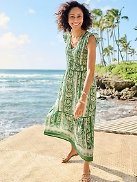 Voile Smocked Midi Dress - Tropical Damask