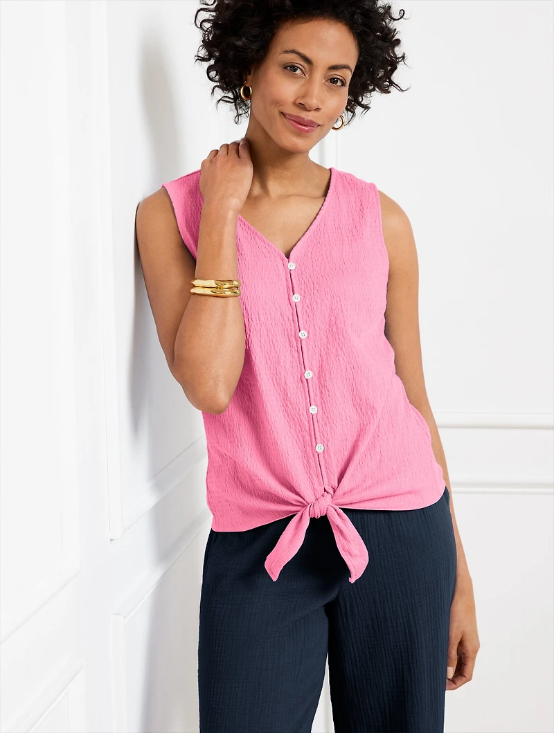 Tie Hem Button Front Knit Tank