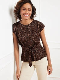 Tie Front Crewneck Tee - Leopard