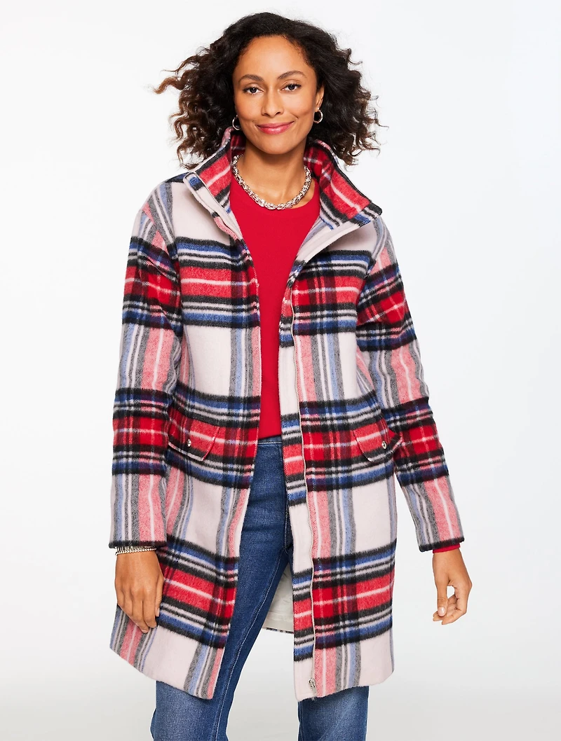 Wool Blend Stadium Coat - Fireside Plaid