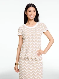 Cotton Crochet Short Sleeve Crewneck Pullover - Stripe