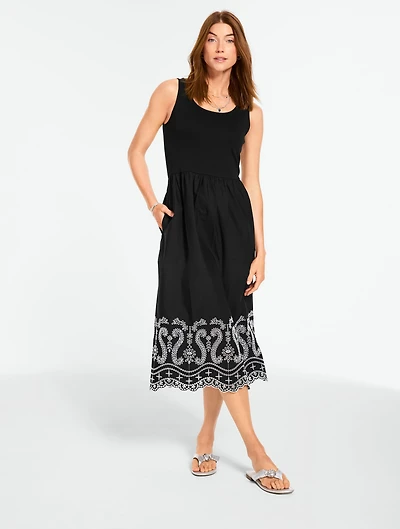 Embroidered Mixed Media Midi Dress