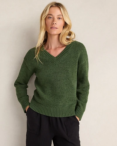 Cotton Blend Tape Yarn V-Neck Sweater