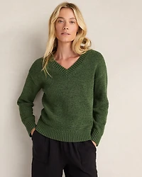 Cotton Blend Tape Yarn V-Neck Sweater