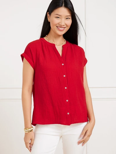 Band Collar Button Front Top