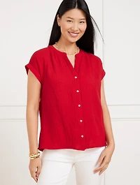 Band Collar Button Front Top