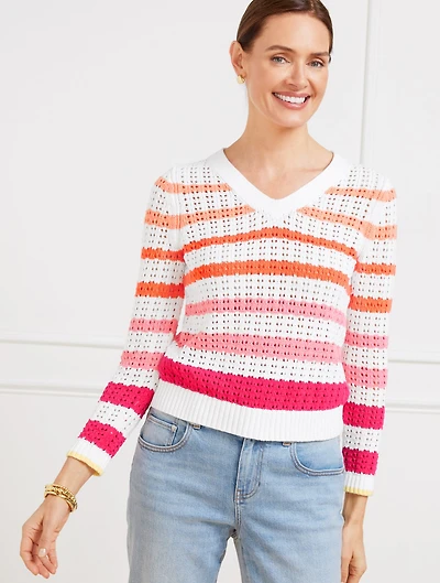 Open Stitch V-Neck Pullover - Multi Stripe