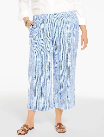 Linen Wide Crop Pull-On Pants - Pinstripe