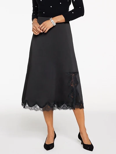 Lace Trim Satin Midi Skirt