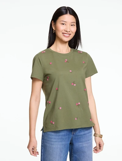 Embroidered Crewneck Tee - Tossed Flowers