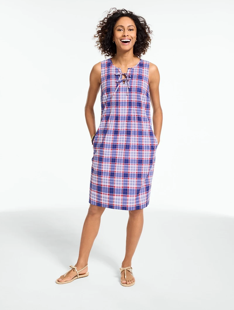 Pintuck Sleeveless Shift Dress - Breezy Plaid