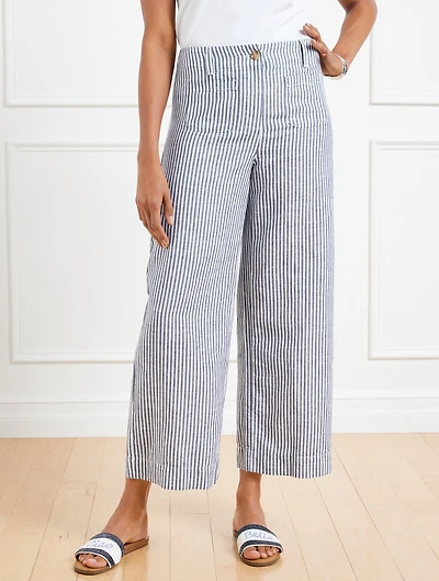 Wide Crop Patch Pocket Washed Linen Pants - Tailored Stripe