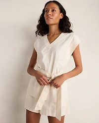 Cotton Ecru Denim V-Neck Belted Top