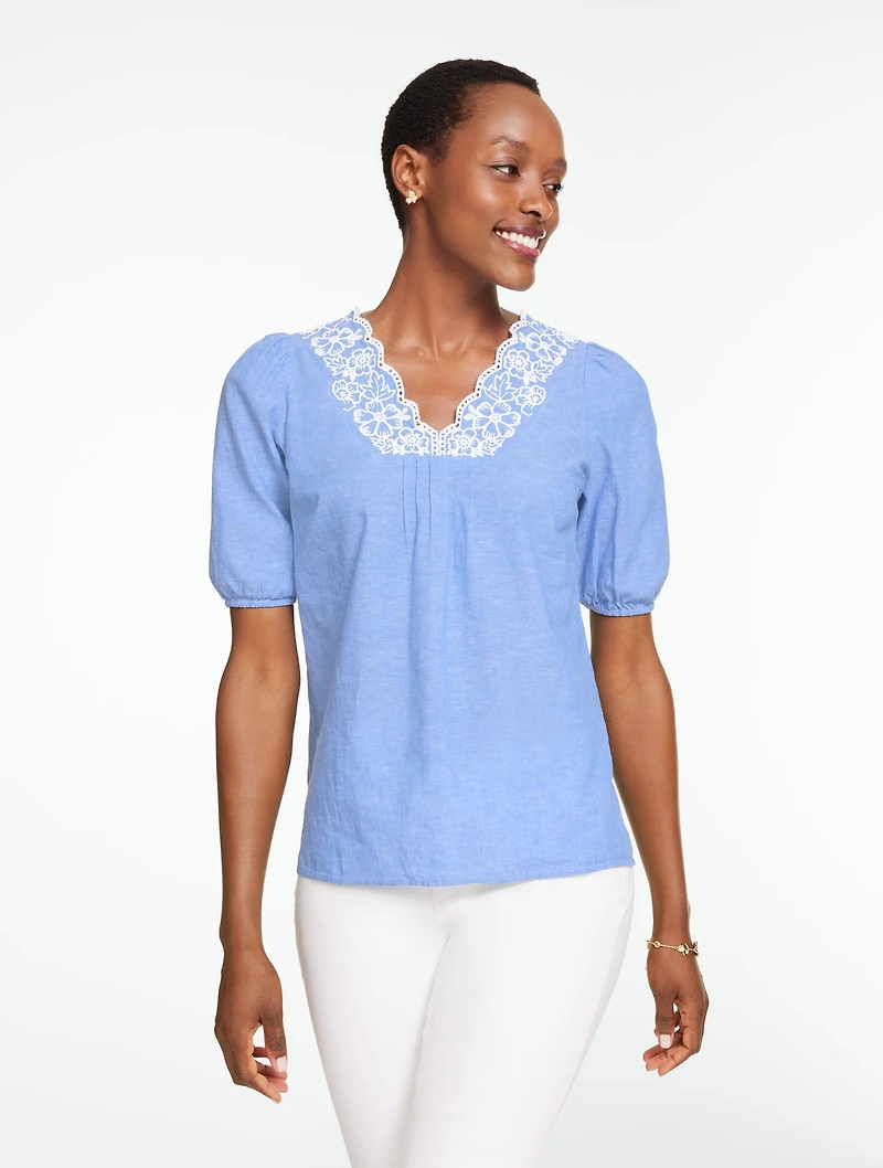 Embroidered Short Sleeve Linen Top - Floral