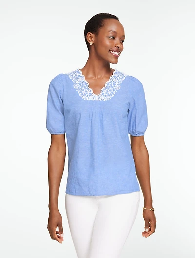 Embroidered Short Sleeve Linen Top - Floral