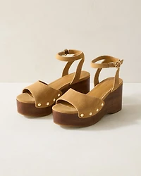 Suede and Wood Platform Sandals