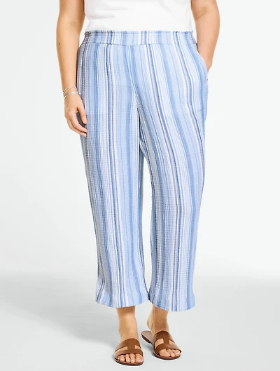 Cotton Gauze Straight Crop Pull-On Pants - Seaport Stripe