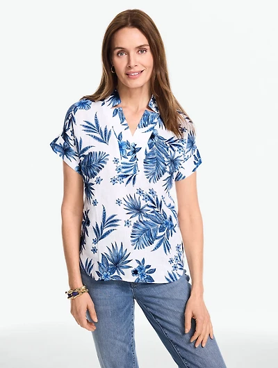 Extended Shoulder Linen Popover - Painted Palms