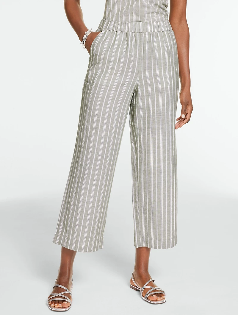 Washed Linen Wide Crop Pull-On Pants - Sandstone Stripe
