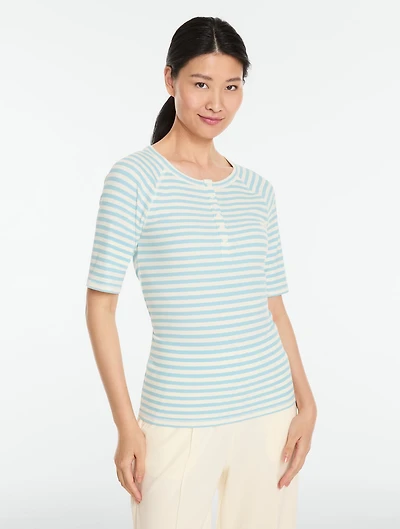Ribbed Elbow Sleeve Henley Tee - Even Stripe