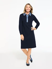 Embroidered Denim Collar Shift Dress