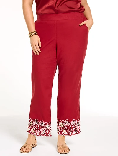 Linen Blend Embroidered Straight Ankle Pull-On Pants