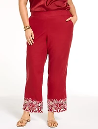 Linen Blend Embroidered Straight Ankle Pull-On Pants