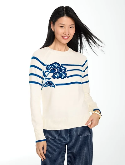 Intarsia Crewneck Sweater - Flower Stripe