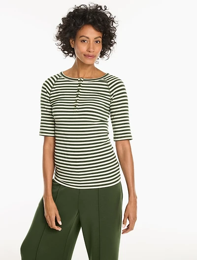 Ribbed Elbow Sleeve Henley Tee - Even Stripe