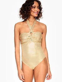 Sun Ocean Sand Ruched Halter One Piece - Metallic