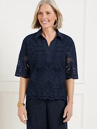 Johnny Collar Short Popover - Blooming Eyelet