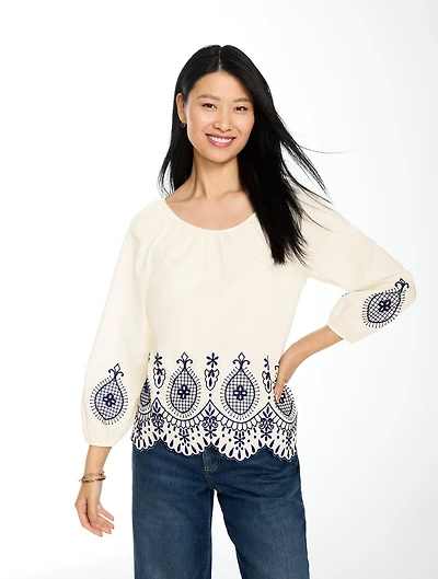 Embroidered Poplin Top - Medallion Border