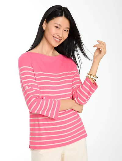 Roll Cuff Bateau Neck Top - Love Stripe