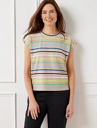 Button Shoulder Cap Sleeve Tee - Match Stripe