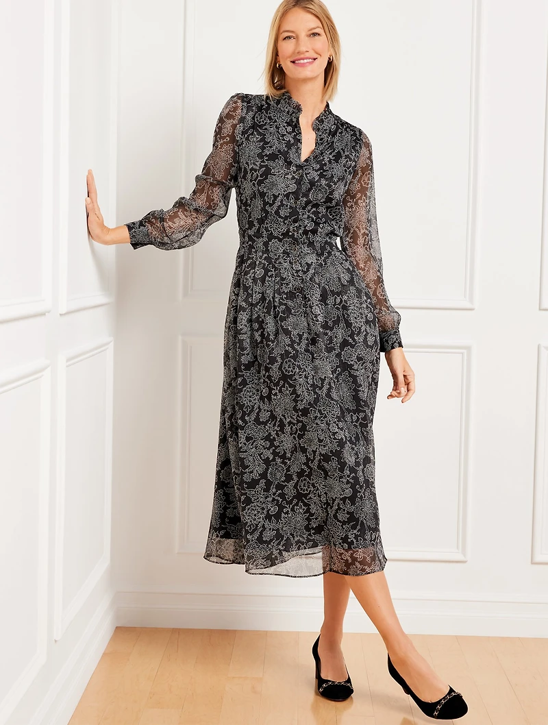 Metallic Stripe Fit & Flare Shirtdress - Jacobean Floral