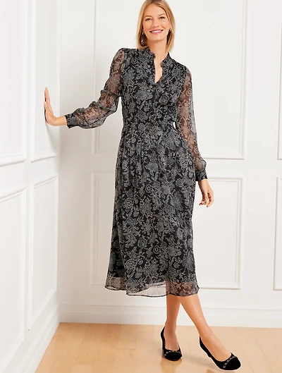 Metallic Stripe Fit & Flare Shirtdress - Jacobean Floral