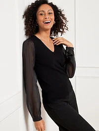 Woven Sleeve V-Neck Pullover