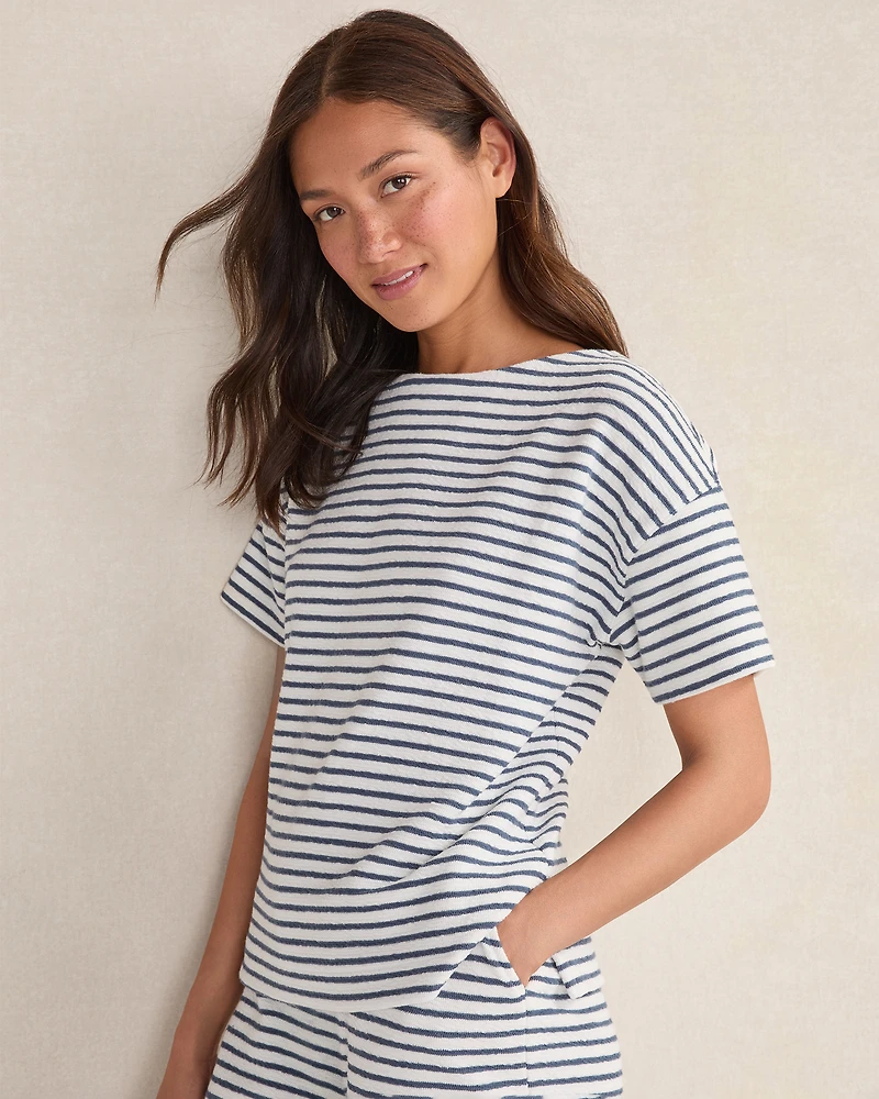 Cotton Blend Textured Stripe Bateau Neck Top